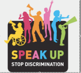 Logo for Salem Speaks Up. "Speak Up. Stop Discrimination" various human figures shouting through megaphones.